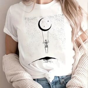 Unbranded short sleeve t-shirt. Skeleton/moon design. NWOT. XXL. White/black